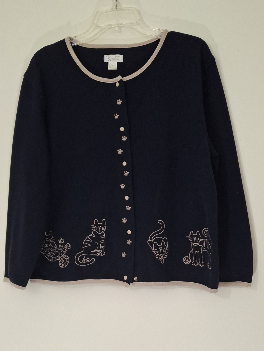 Vintage Christopher & Banks Black Cardigan with Cat Motif, Size Large